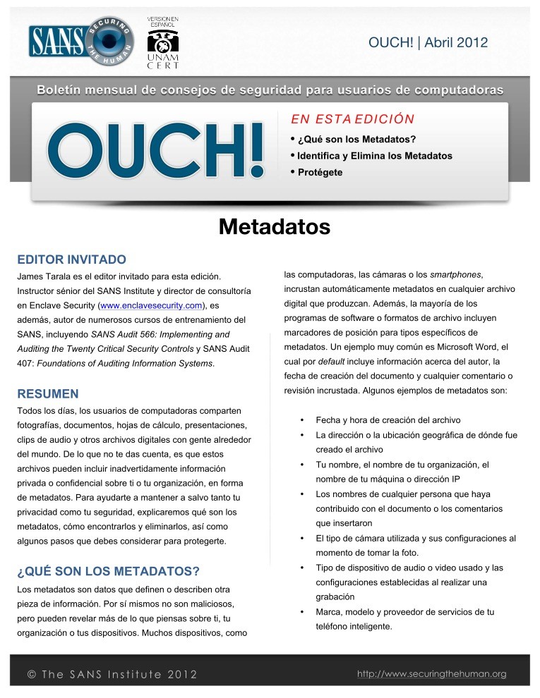 Imágen de pdf OUCH 2012 - Metadatos