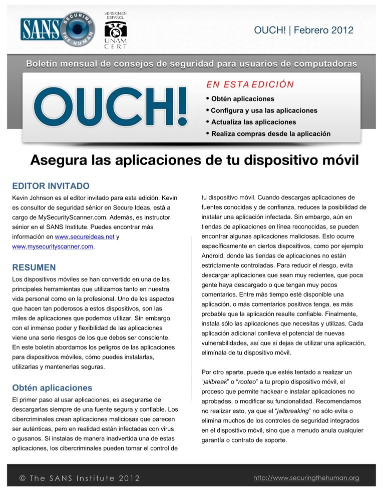 Imágen de pdf OUCH 2012 - Asegura las aplicaciones de tu dispositivo móvil