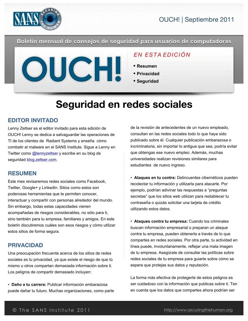 Imágen de pdf OUCH 2011 - Seguridad en redes sociales