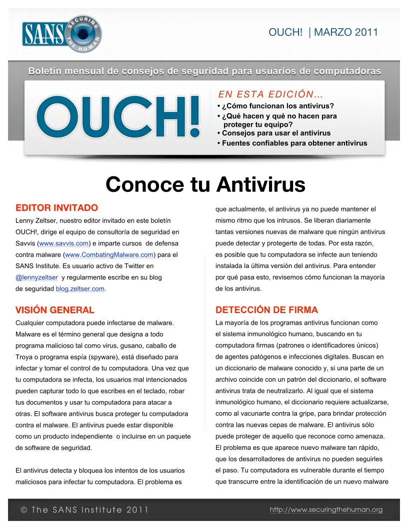 Imágen de pdf OUCH 2011 - Conoce tu Antivirus