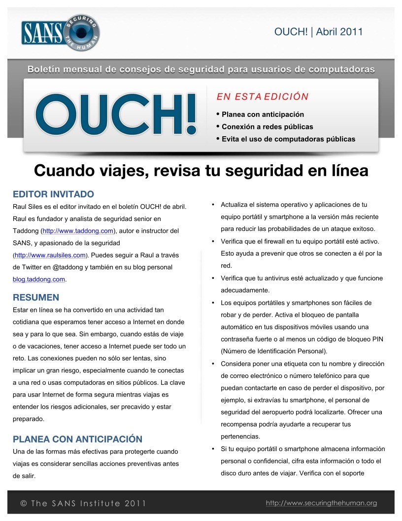 Imágen de pdf OUCH 2011 - Cuando viajes, revisa tu seguridad en línea