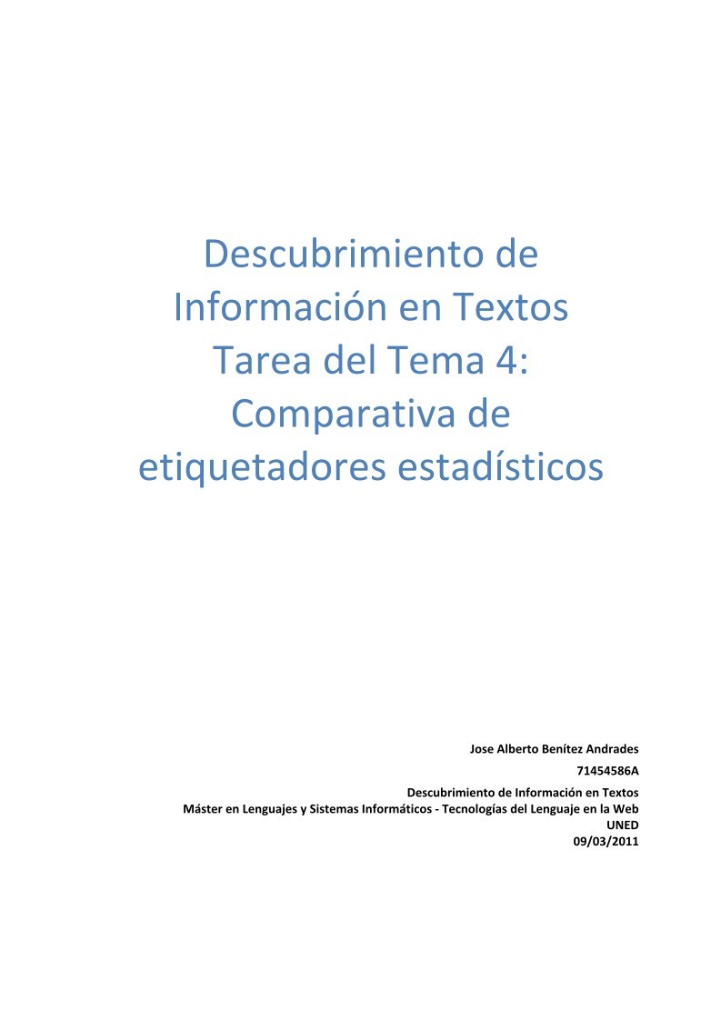 Imágen de pdf Descubrimiento de Información en Textos Tarea del Tema 4: Comparativa de etiquetadores estadísticos
