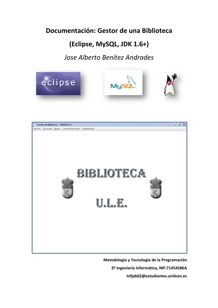 Imágen de pdf Documentación: Gestor de una Biblioteca  (Eclipse, MySQL, JDK 1.6+)