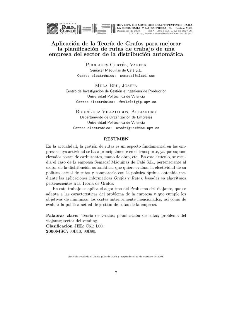 Imágen de pdf Aplicación de la Teoría de Grafos para mejorar la planificación de rutas de trabajo de una empresa del sector de la distribución automática