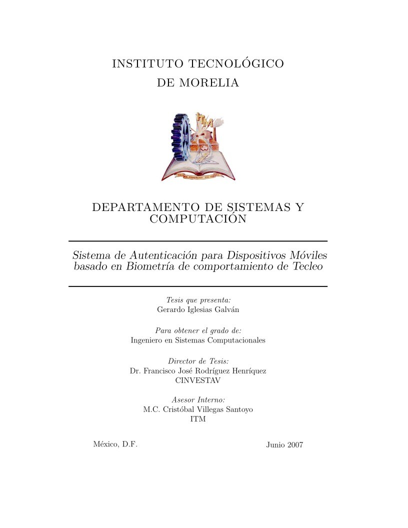 Imágen de pdf Sistema de Autenticación para Dispositivos Móviles basado en Biometría de comportamiento de Tecleo