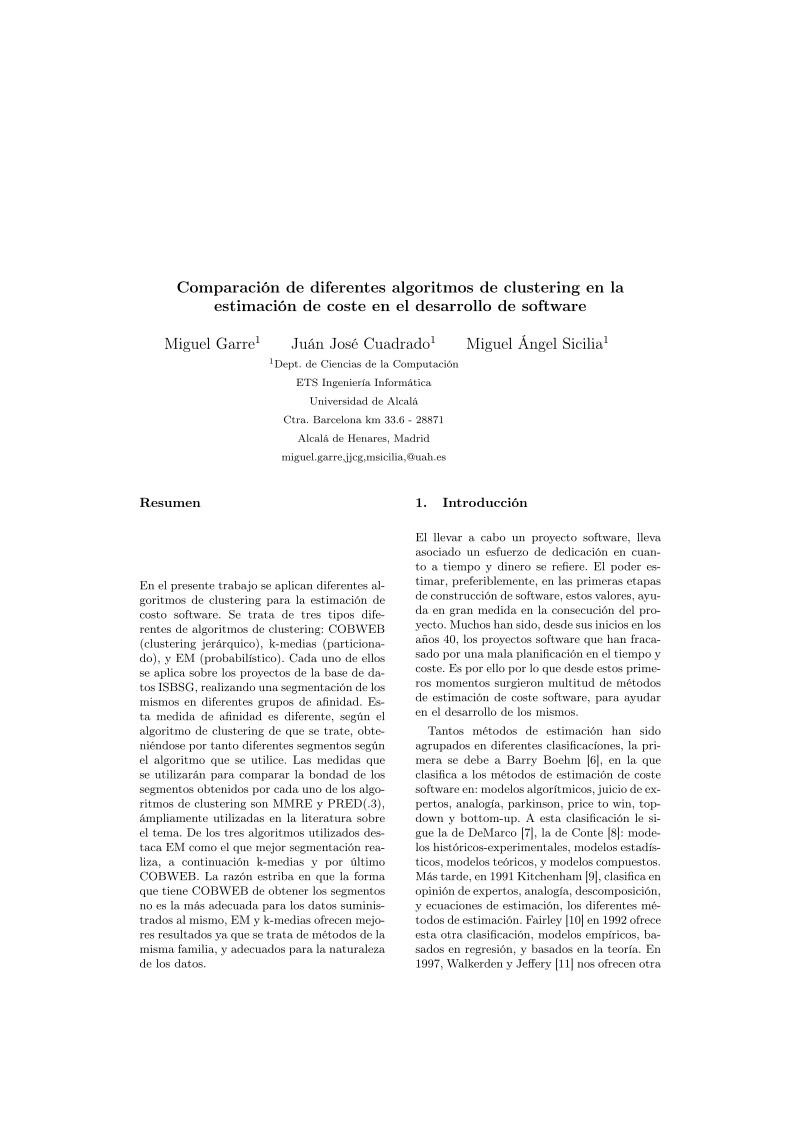 Imágen de pdf Comparación de diferentes algoritmos de clustering en la estimación de coste en el desarrollo de software