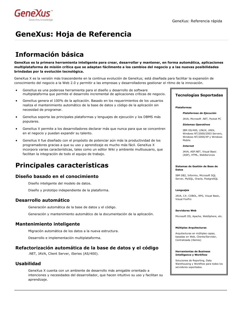 Imágen de pdf GeneXus: Hoja de Referencia