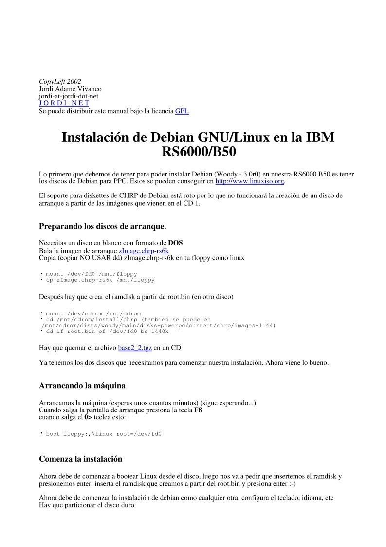 Imágen de pdf Instalación de Debian GNU/Linux en la IBM RS6000/B50