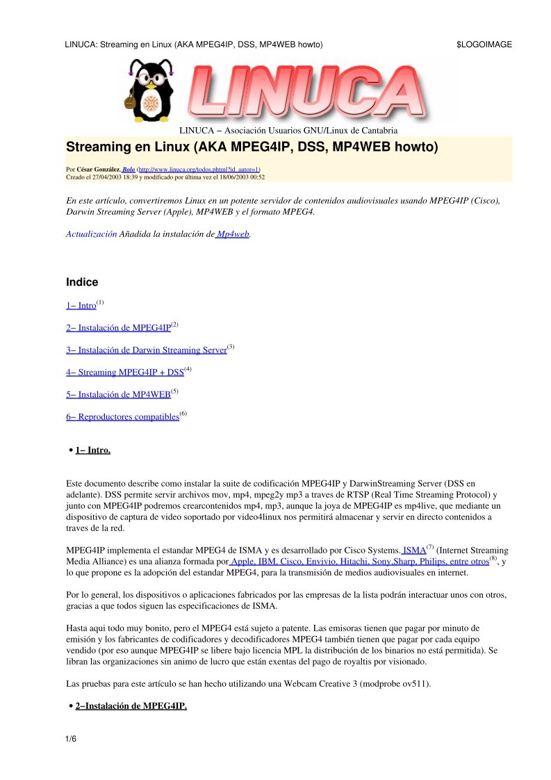 Imágen de pdf LINUCA: Streaming en Linux (AKA MPEG4IP, DSS, MP4WEB howto)