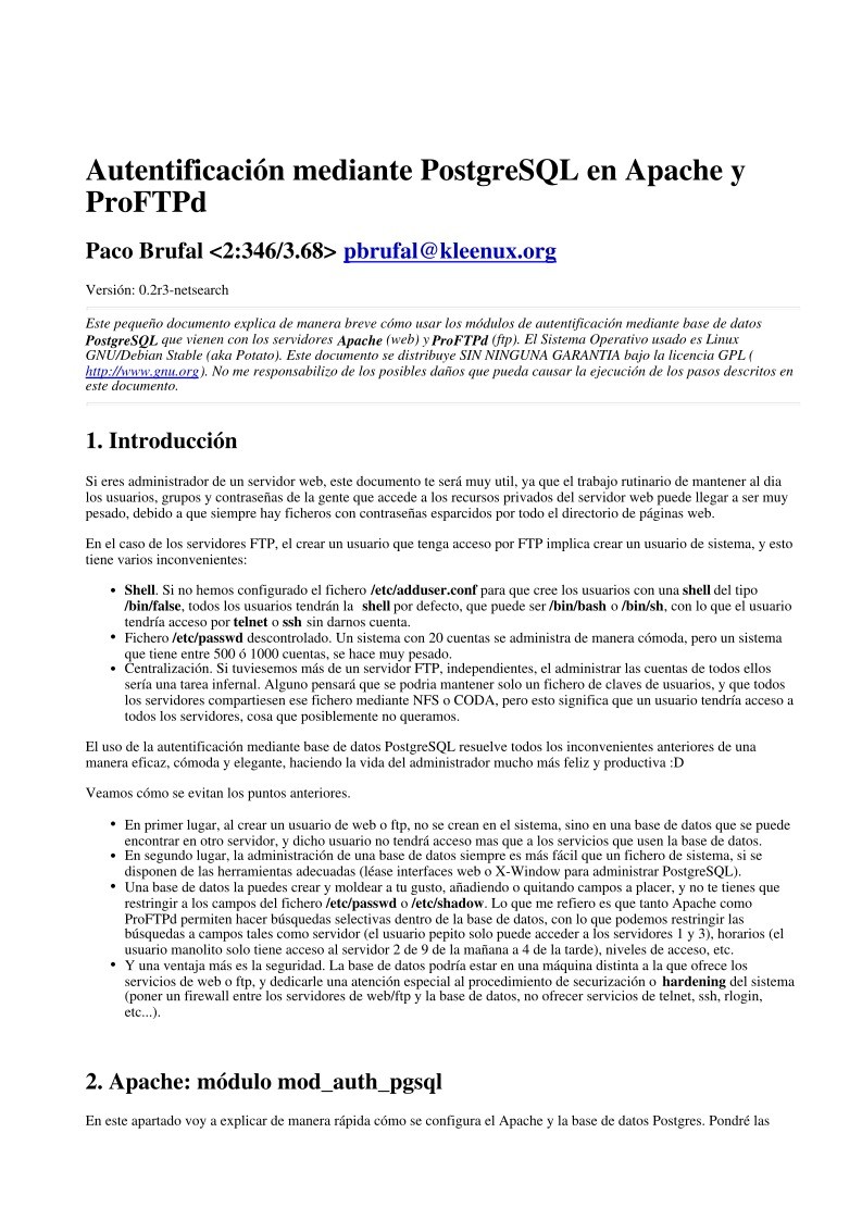Imágen de pdf Autentificación mediante PostgreSQL en Apache y ProFTPd