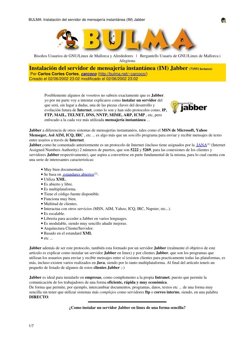 Imágen de pdf BULMA: Instalación del servidor de mensajería instantánea (IM) Jabber