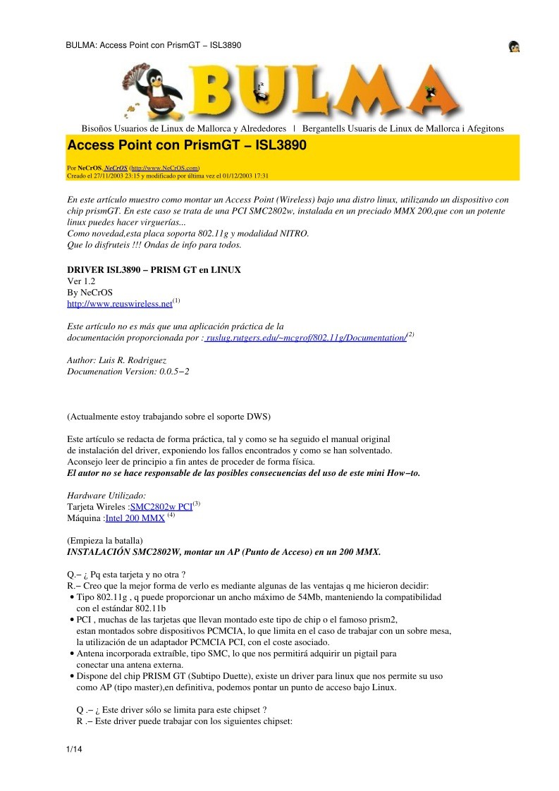 Imágen de pdf BULMA: Access Point con PrismGT - ISL3890