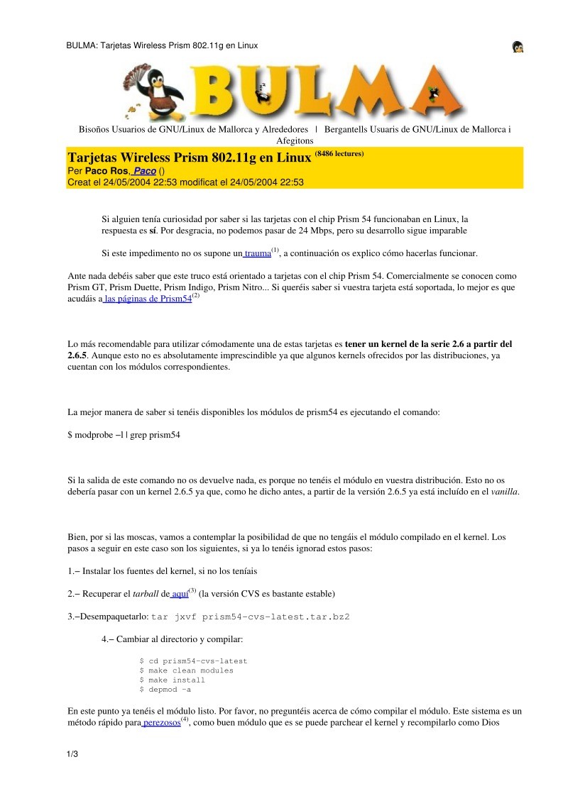 Imágen de pdf BULMA: Tarjetas Wireless Prism 802.11g en Linux