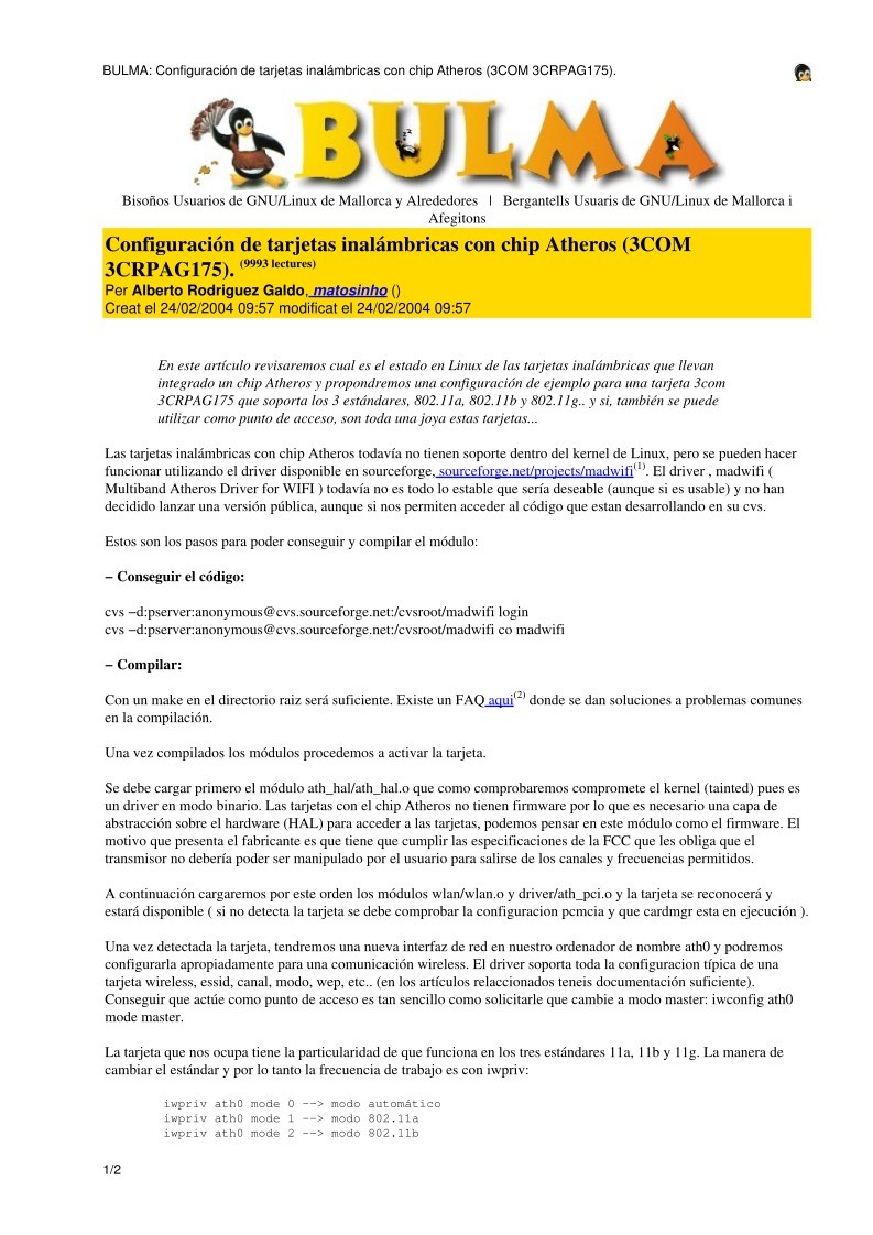 Imágen de pdf BULMA: Configuración de tarjetas inalámbricas con chip Atheros (3COM 3CRPAG175).