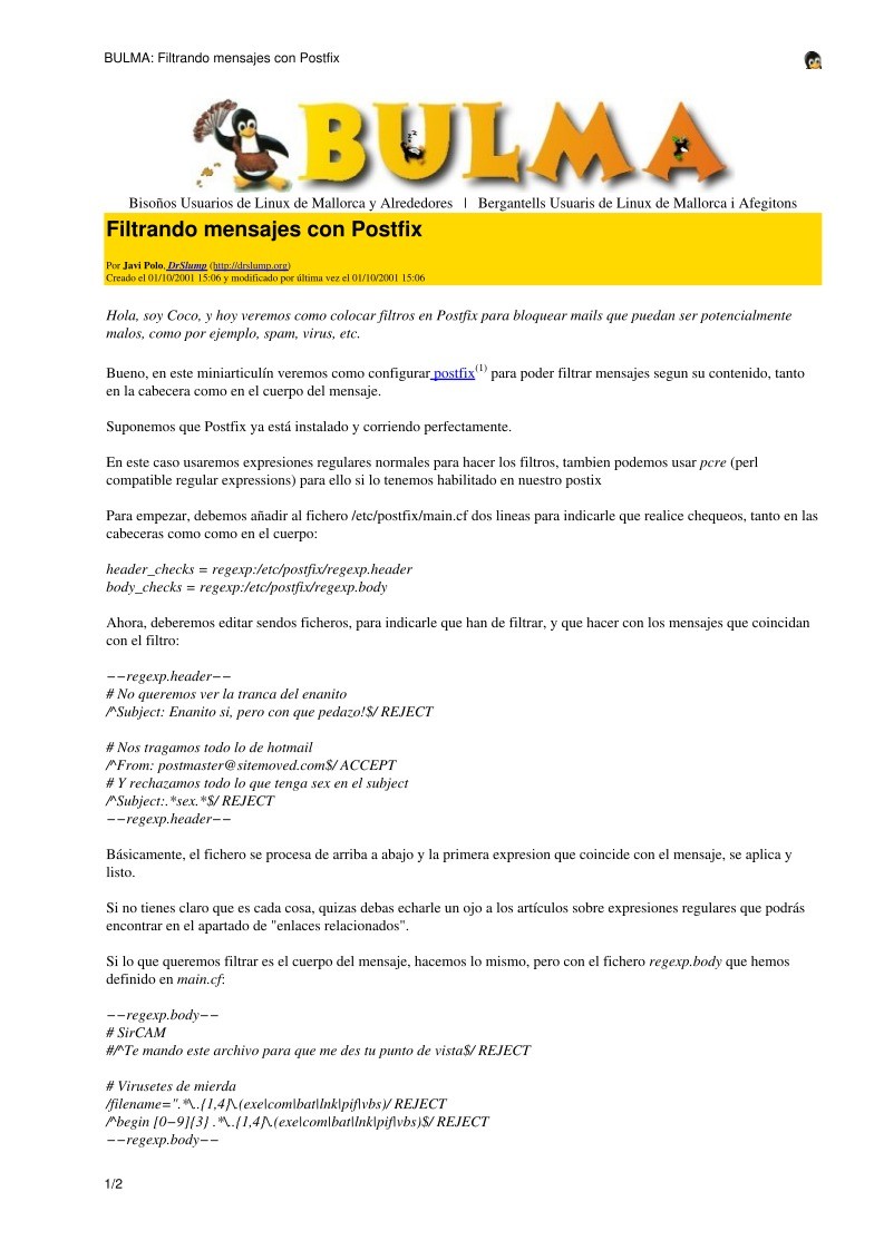 Imágen de pdf BULMA: Filtrando mensajes con Postfix