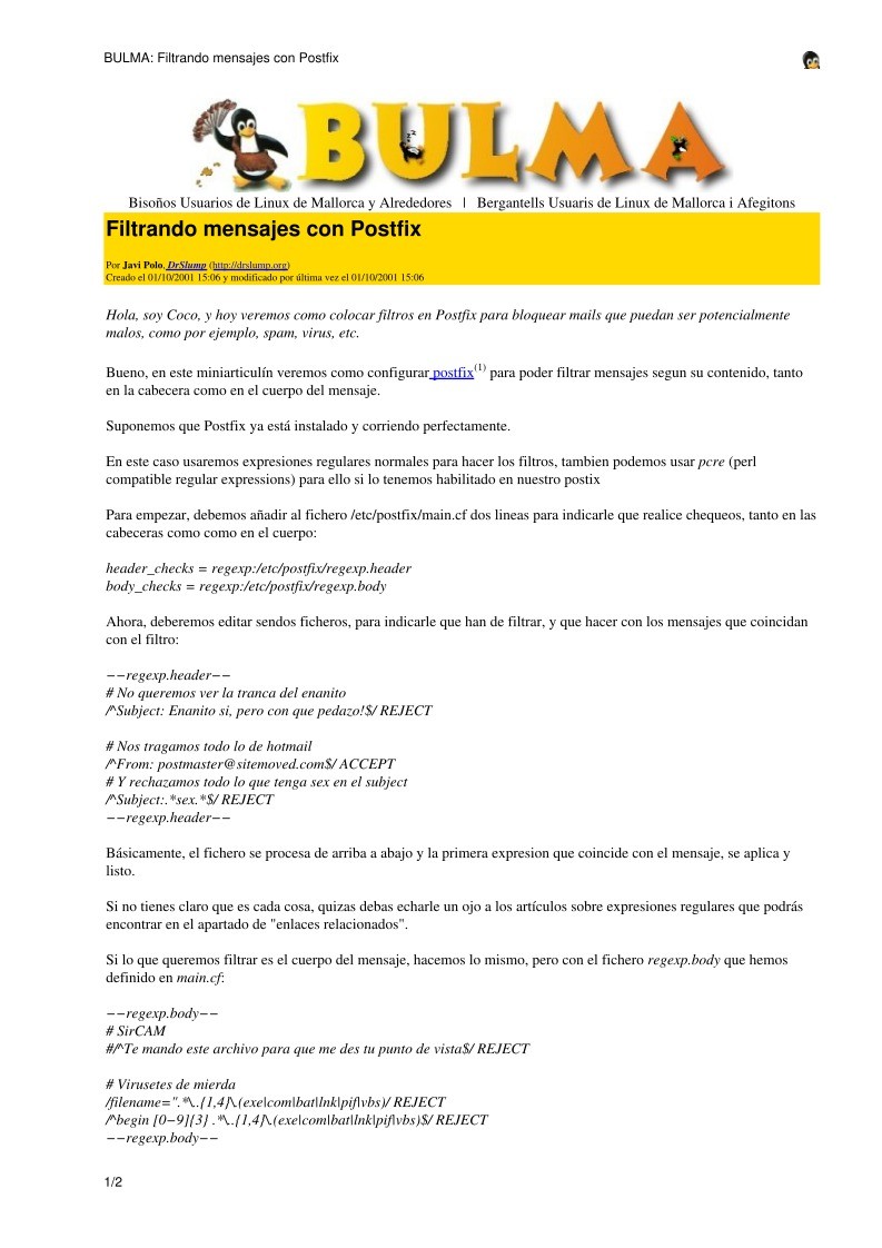 Imágen de pdf BULMA: Filtrando mensajes con Postfix