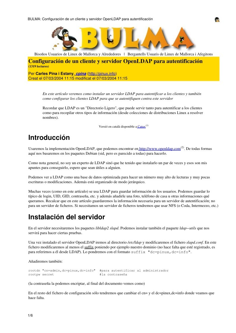 Imágen de pdf BULMA: Configuración de un cliente y servidor OpenLDAP para autentificación