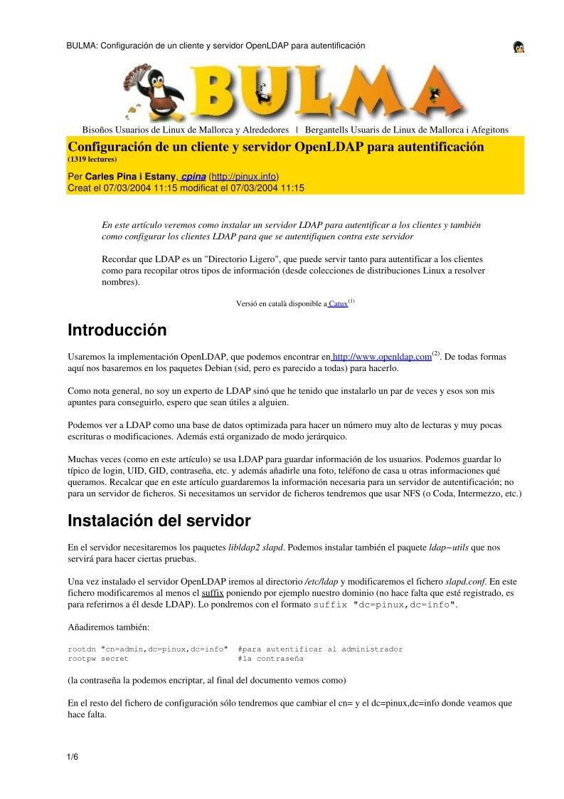 Imágen de pdf BULMA: Configuración de un cliente y servidor OpenLDAP para autentificación