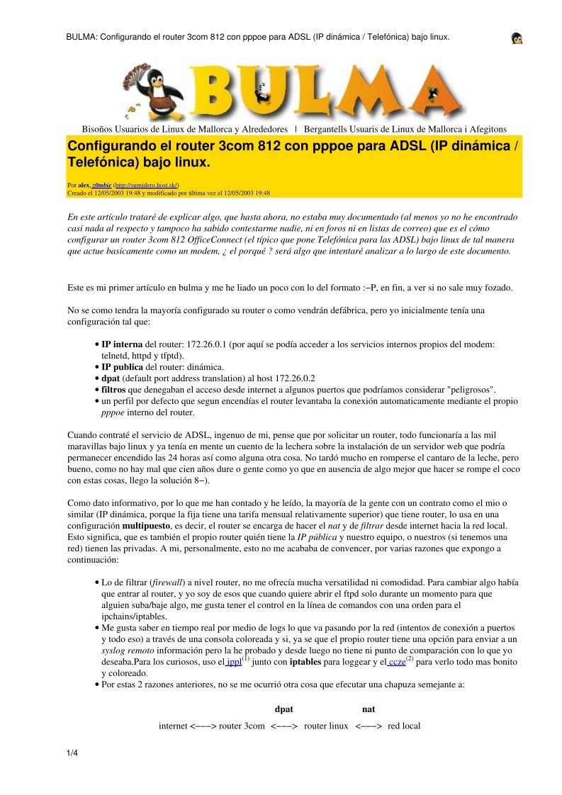 Imágen de pdf BULMA: Configurando el router 3com 812 con pppoe para ADSL (IP dinámica / Telefónica) bajo linux.