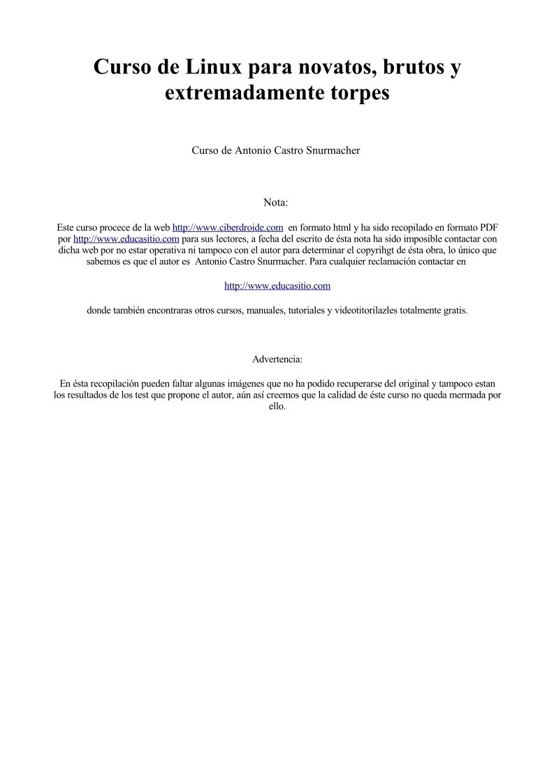 Imágen de pdf Curso de Linux para novatos, brutos y extremadamente torpes