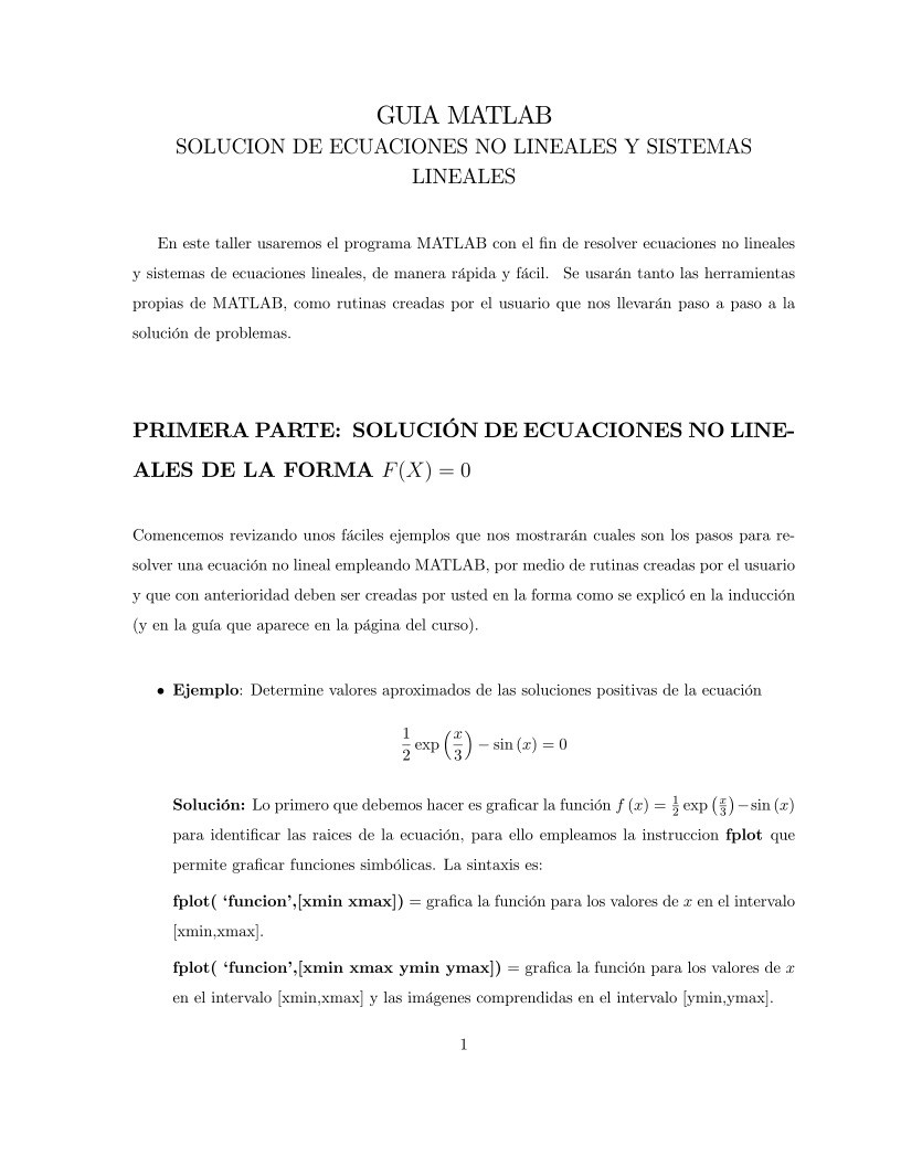 Imágen de pdf GUIA MATLAB - SOLUCION DE ECUACIONES NO LINEALES Y SISTEMAS LINEALES