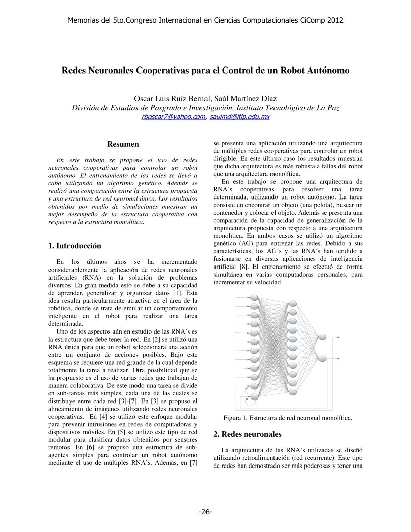 Imágen de pdf Redes Neuronales Cooperativas para el Control de un Robot Autónomo