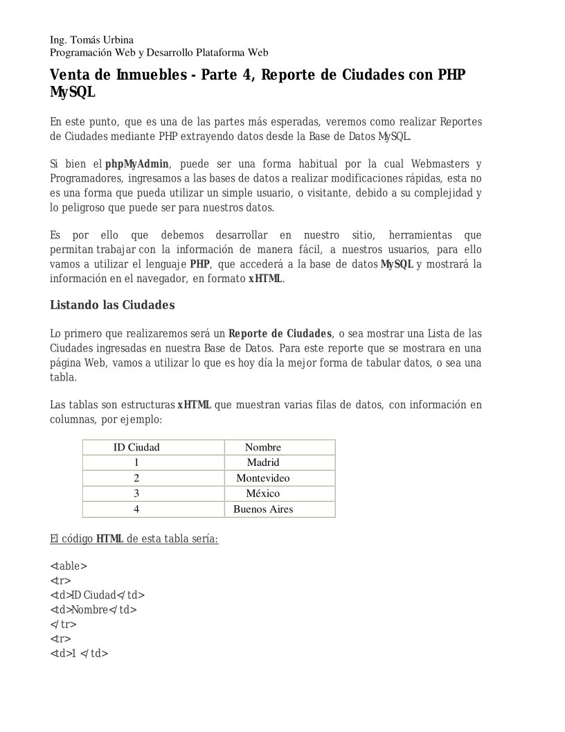 Imágen de pdf Venta de Inmuebles - Parte 4,  Reporte de Ciudades con PHP MySQL
