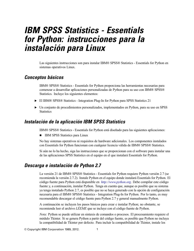 Imágen de pdf IBM SPSS Statistics - Essentials for Python: instrucciones para la instalación para Linux