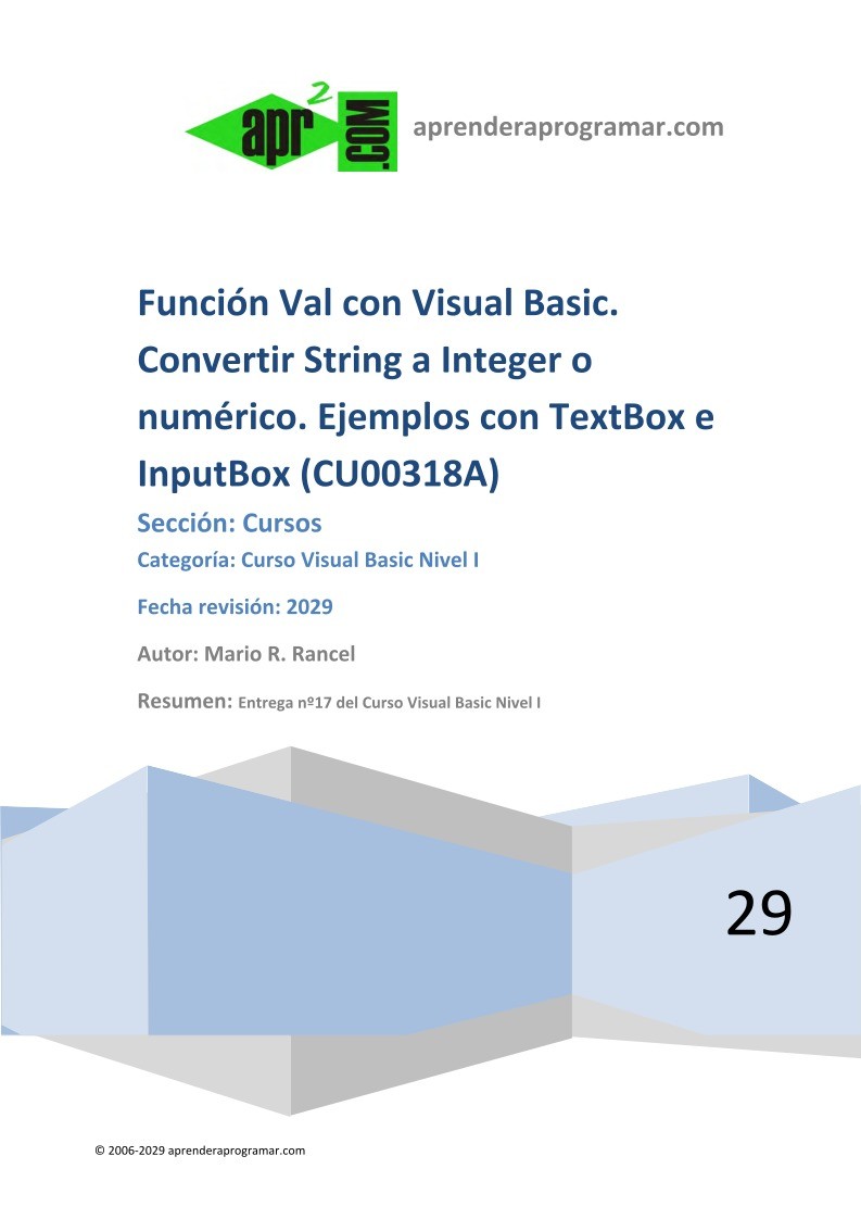 Imágen de pdf Función Val con Visual Basic. Convertir String a Integer o numérico. Ejemplos con TextBox e InputBox
