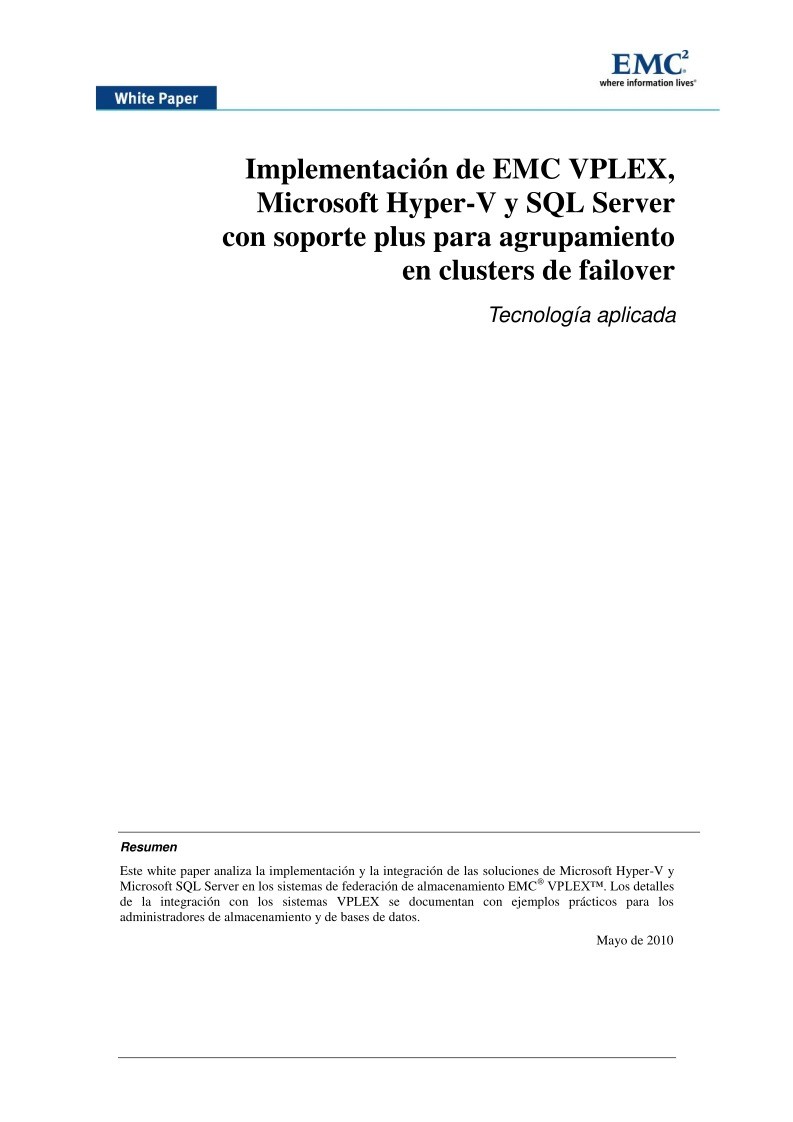 Imágen de pdf Implementación de EMC VPLEX, Microsoft Hyper-V y SQL Server con soporte plus para agrupamiento en clusters de failover