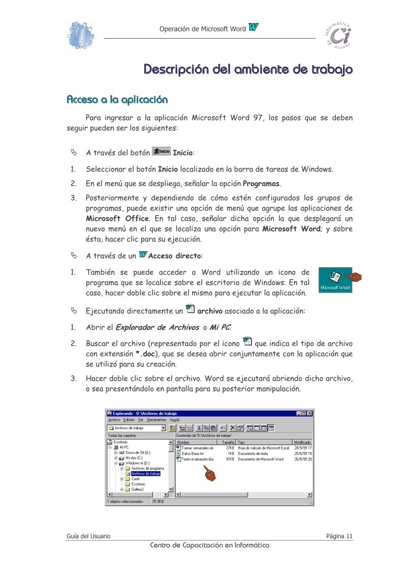 Imágen de pdf Descripción del ambiente de trabajo - Operaciones con Microsoft Word 97