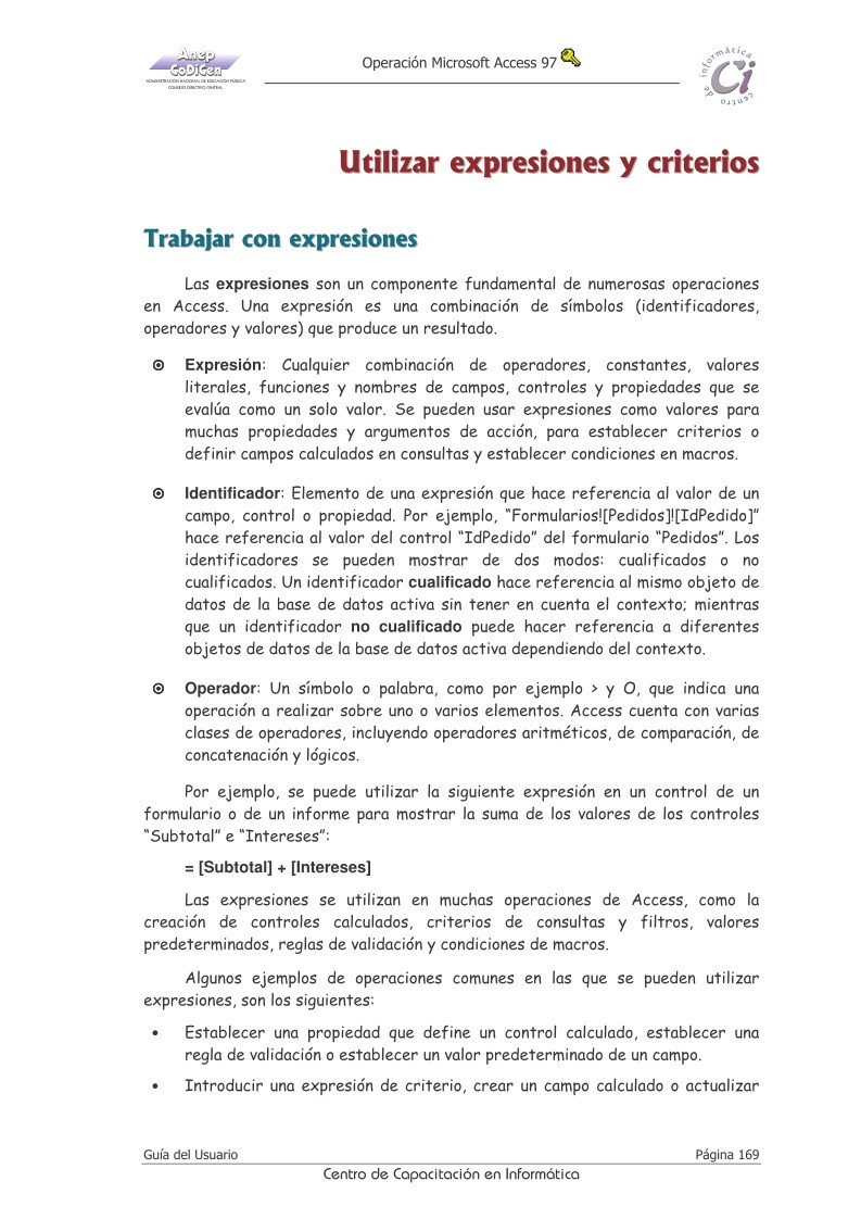 Imágen de pdf Guia del Usuario Operación Access 97 - Utilizar expresiones y criterios