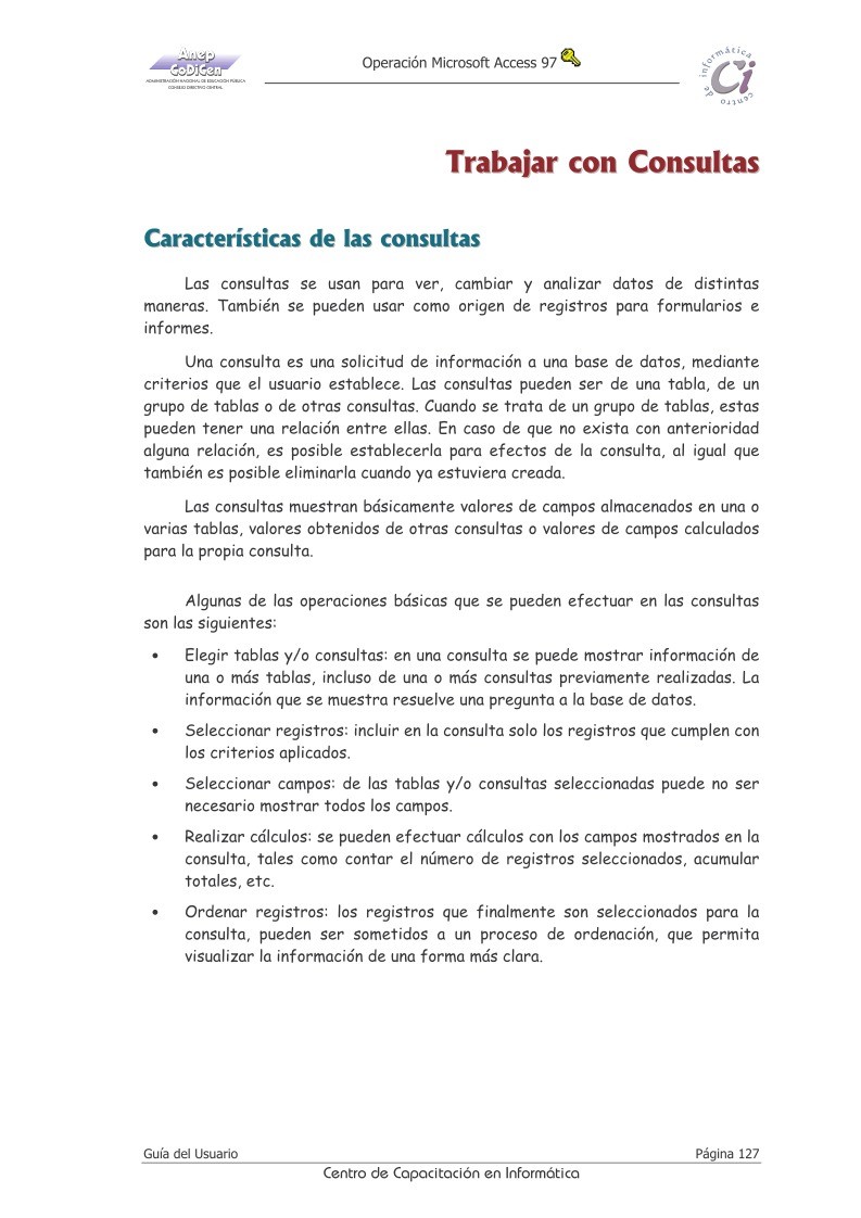 Imágen de pdf Guia del Usuario Operación Access 97 - Trabajar con Consultas
