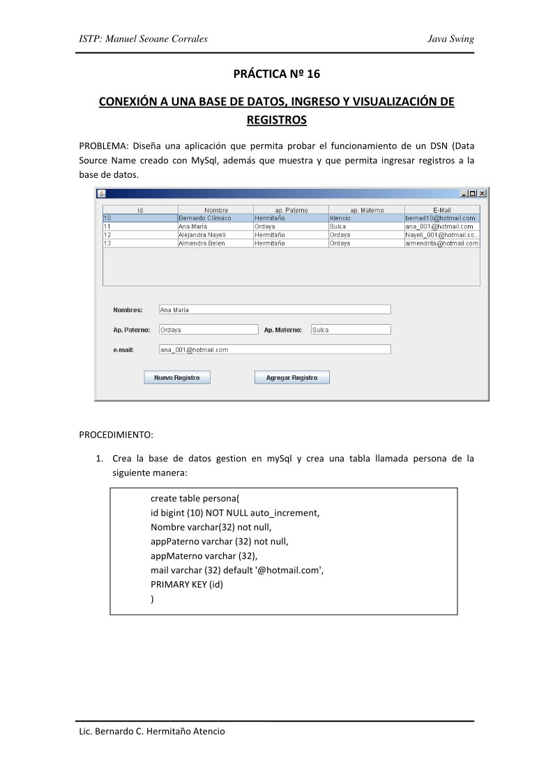 Imágen de pdf Práctica16 - CONEXIÓN A UNA BASE DE DATOS, INGRESO Y VISUALIZACIÓN DE REGISTROS