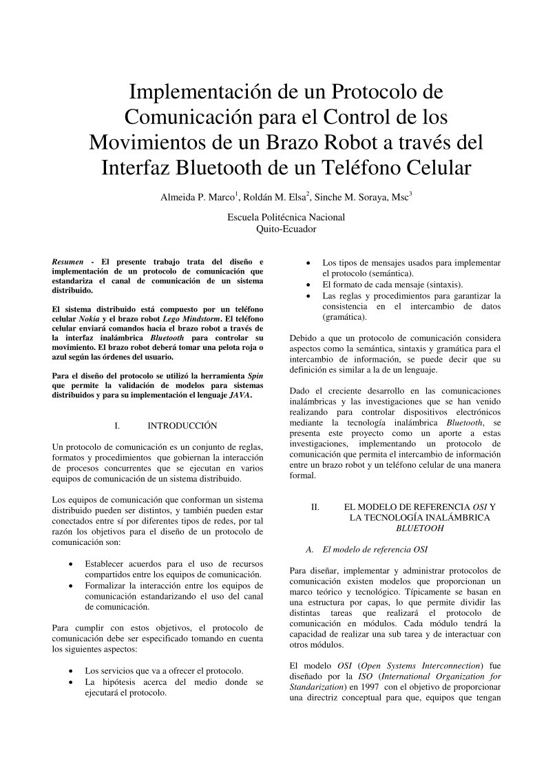 Imágen de pdf Implementación de un Protocolo de Comunicación para el Control de los Movimientos de un Brazo Robot a través del Interfaz Bluetooth de un Teléfono Celular