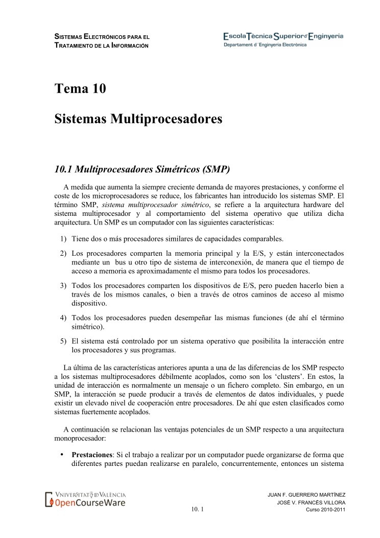 Imágen de pdf Tema 10 - Sistemas Multiprocesadores
