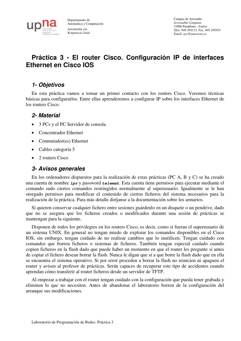 Imágen de pdf Práctica 3 - El router Cisco. Configuración IP de interfaces Ethernet en Cisco IOS