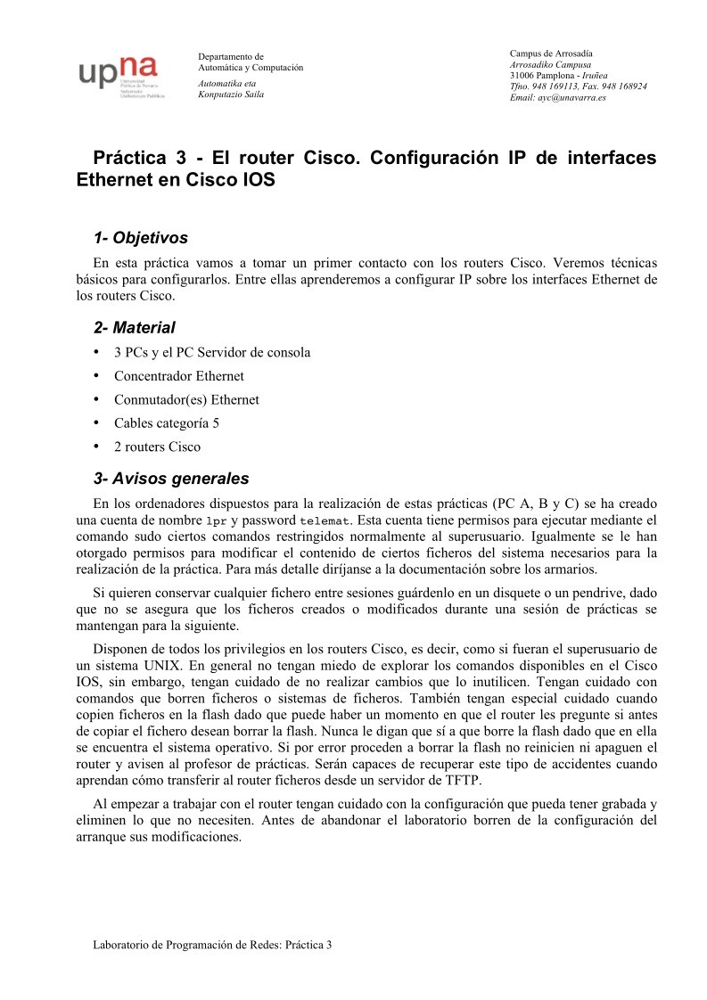 Imágen de pdf Práctica 3 - El router Cisco. Configuración IP de interfaces Ethernet en Cisco IOS