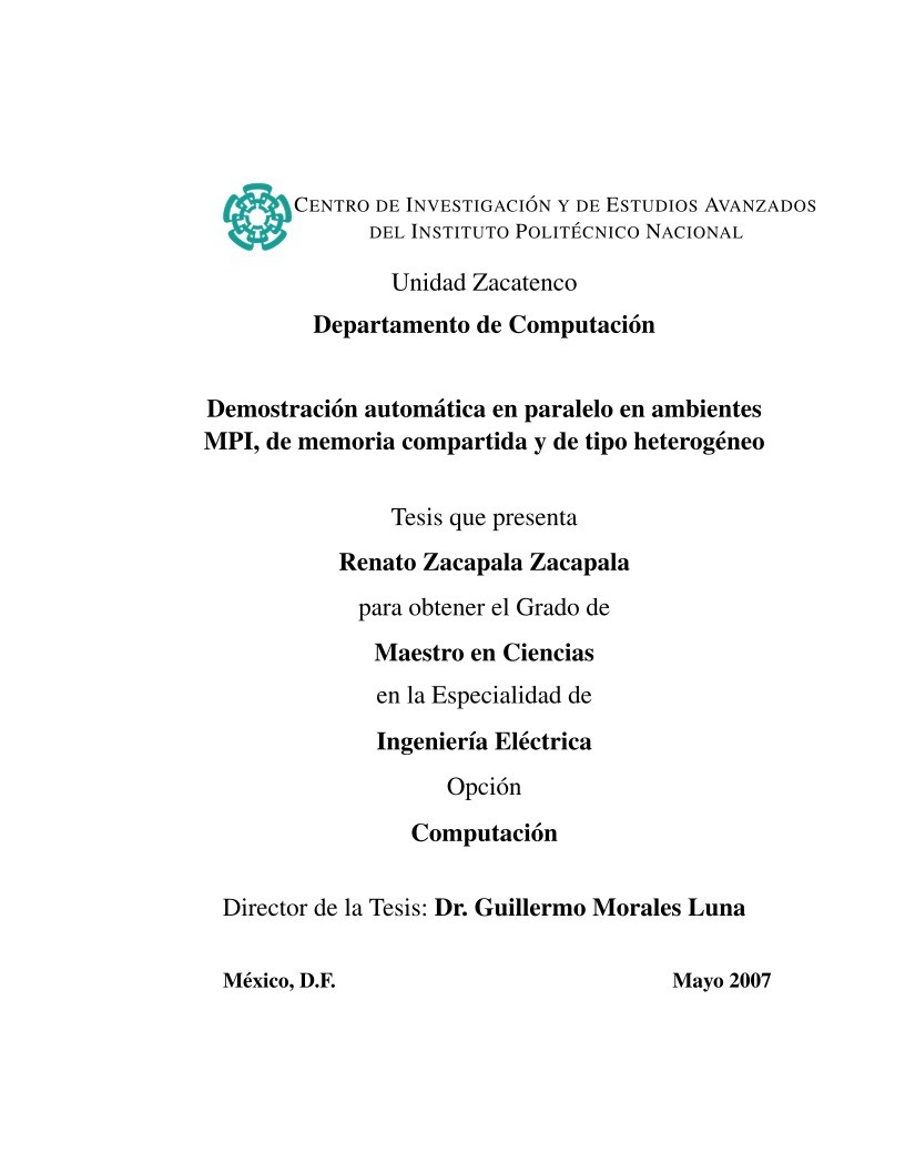 Imágen de pdf Demostración automática en paralelo en ambientes MPI, de memoria compartida y de tipo heterogéneo