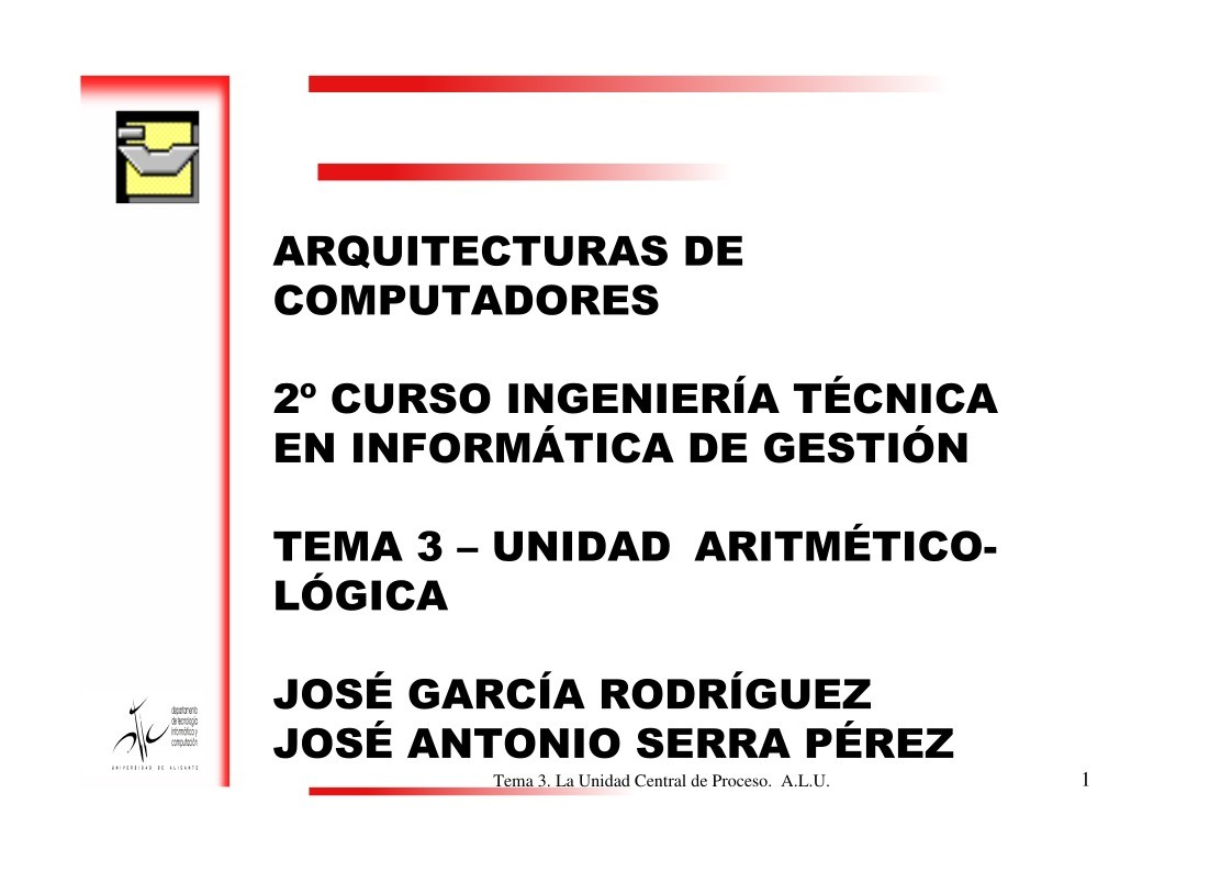 Imágen de pdf TEMA 3 – UNIDAD ARITMÉTICO- LÓGICA - 2º CURSO INGENIERÍA TÉCNICA EN INFORMÁTICA DE GESTIÓN