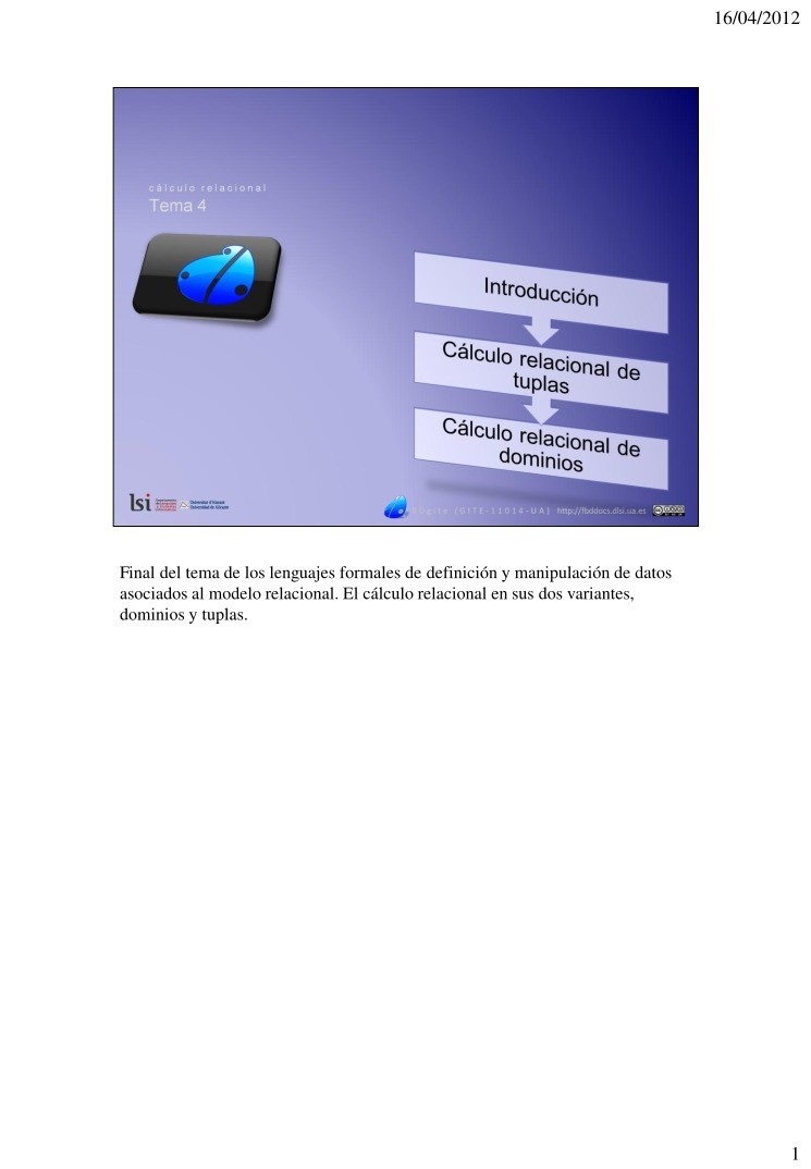 Imágen de pdf Tema 4 - Cálculo relacional