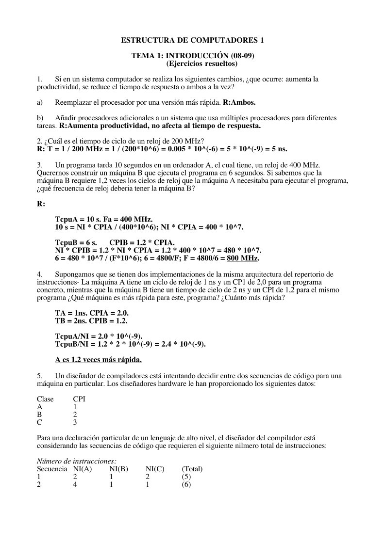 Imágen de pdf ESTRUCTURA DE COMPUTADORES 1 - TEMA 1: INTRODUCCIÓN (Ejercicios resueltos)