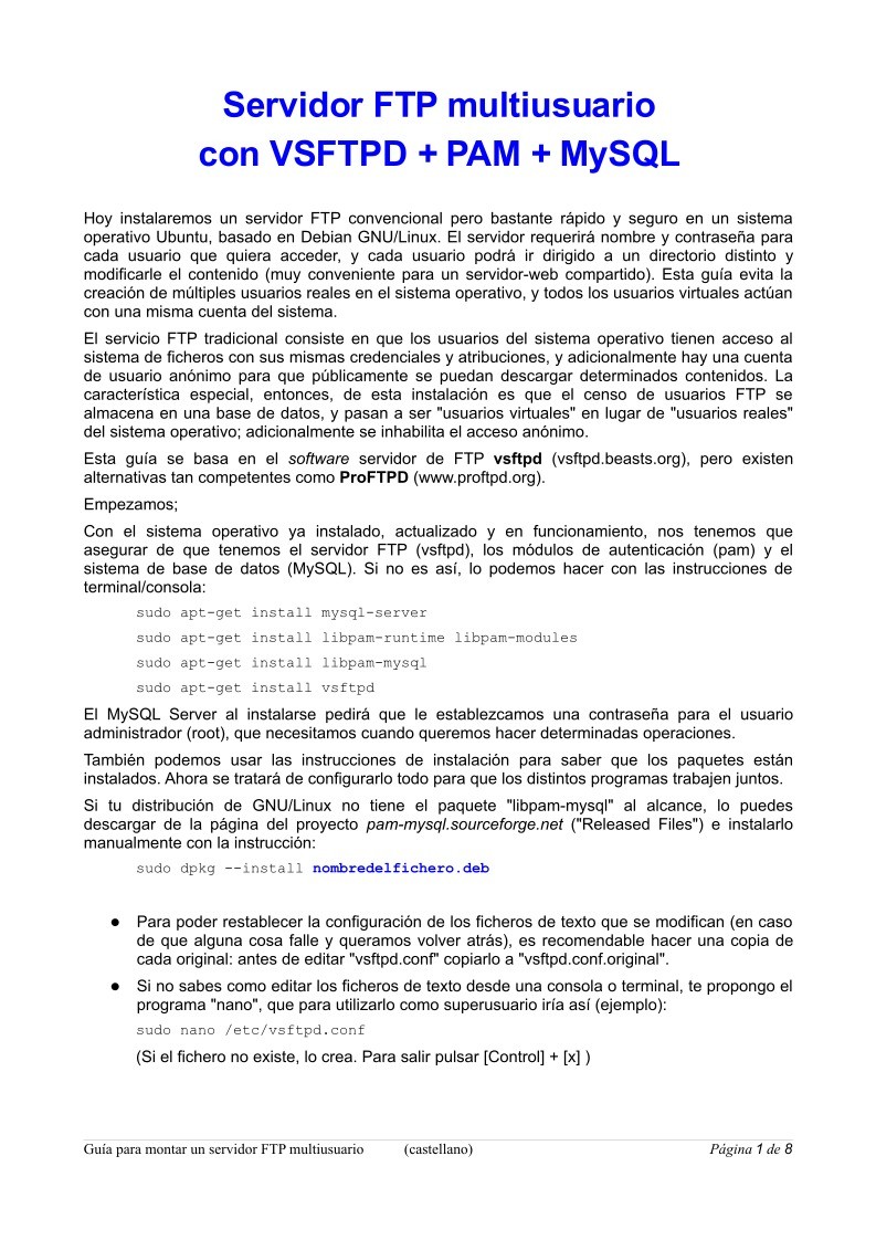 Imágen de pdf Guía para montar un servidor FTP multiusuario con VSFTPD + PAM + MySQL