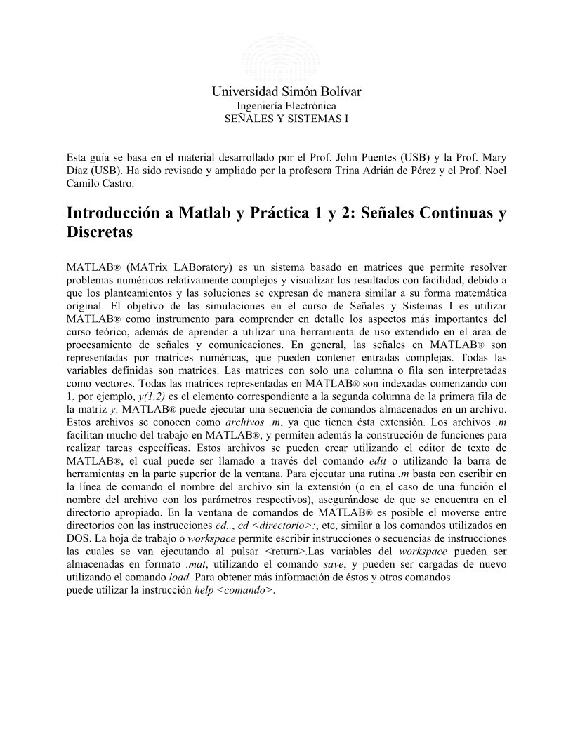 Imágen de pdf Introducción a Matlab y Práctica 1 y 2: Señales Continuas y Discretas