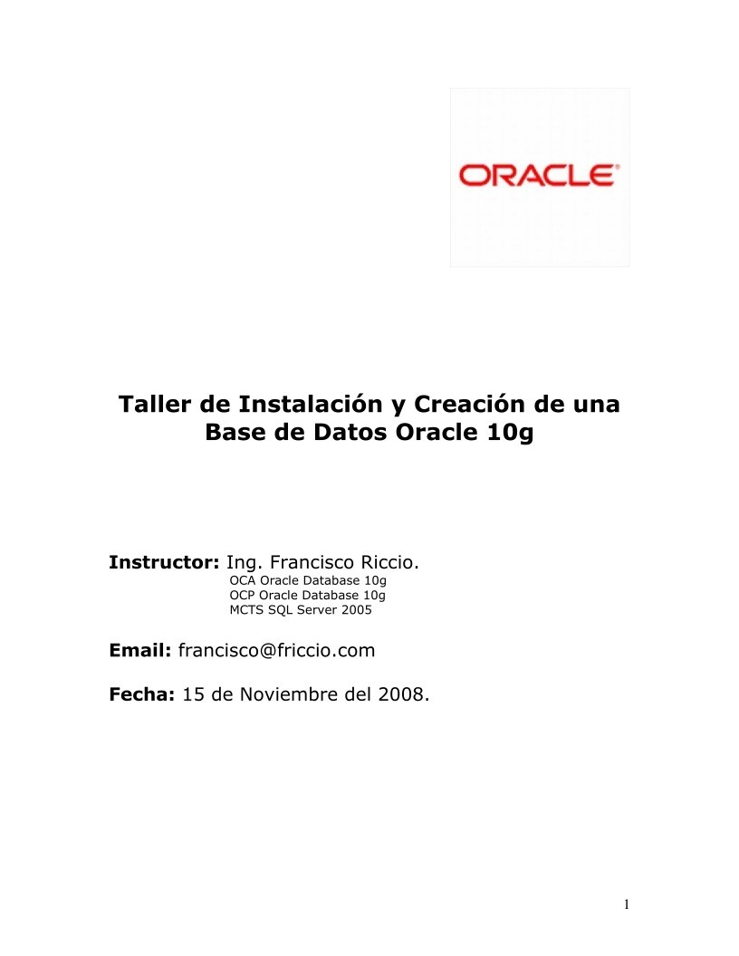 Imágen de pdf Taller de Instalación y Creación de una Base de Datos Oracle 10g