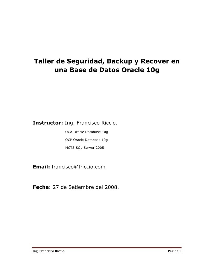 Imágen de pdf Taller de Seguridad, Backup y Recover en una Base de Datos Oracle 10g