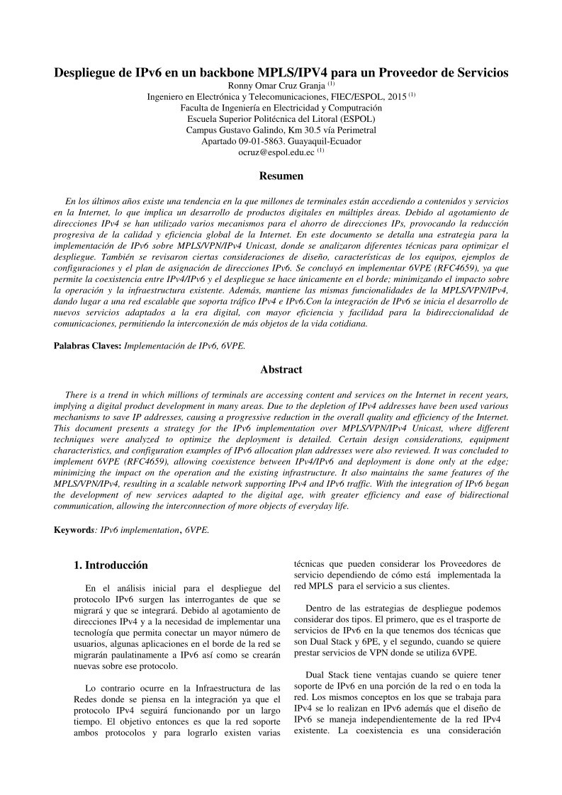 Imágen de pdf Despliegue de IPv6 en un backbone MPLS/IPV4 para un Proveedor de Servicios