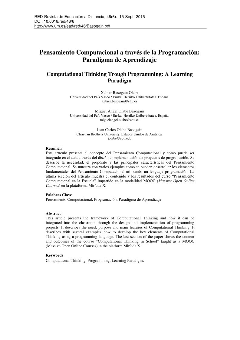 Imágen de pdf Pensamiento Computacional a través de la Programación: Paradigma de Aprendizaje