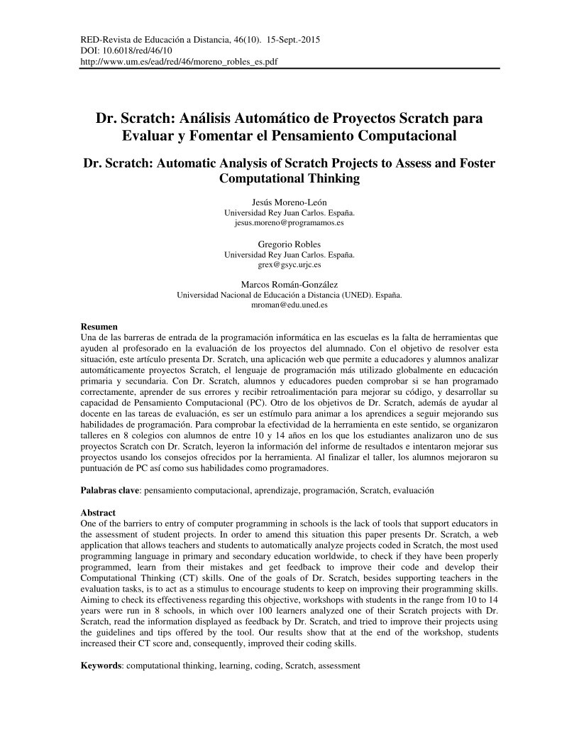 Imágen de pdf Dr. Scratch: Análisis Automático de Proyectos Scratch para Evaluar y Fomentar el Pensamiento Computacional