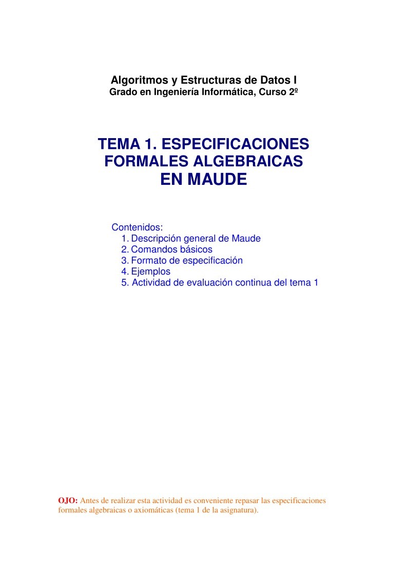 Imágen de pdf TEMA 1. ESPECIFICACIONES FORMALES ALGEBRAICAS EN MAUDE - Algoritmos y Estructuras de Datos